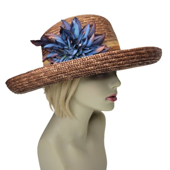 Brown Wide Brim Hat Light Braided Hat With Large Blue Flower Accent NEW! - Picture 7 of 11